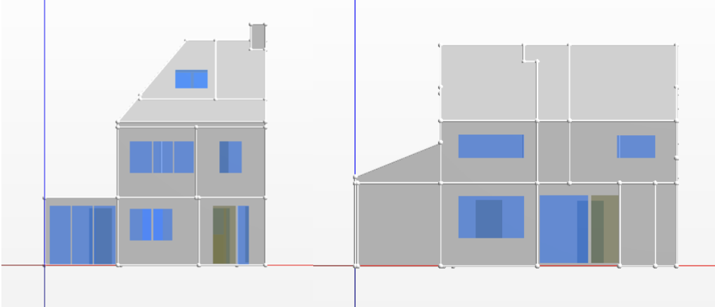 Vooraanzichten van de woningen getekend in Vabi Elements Warmteverlies