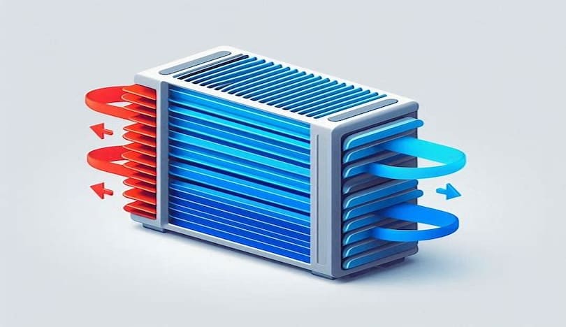warmtewisselaar ventilatiebox Warmtewisselaar van een ventilatiebox waarbij de koude buitenlucht langs de warme binnenlucht stroomt